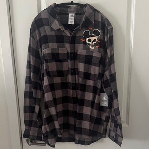 Disney Black and Gray Plaid Men's Shirt with Skull Design